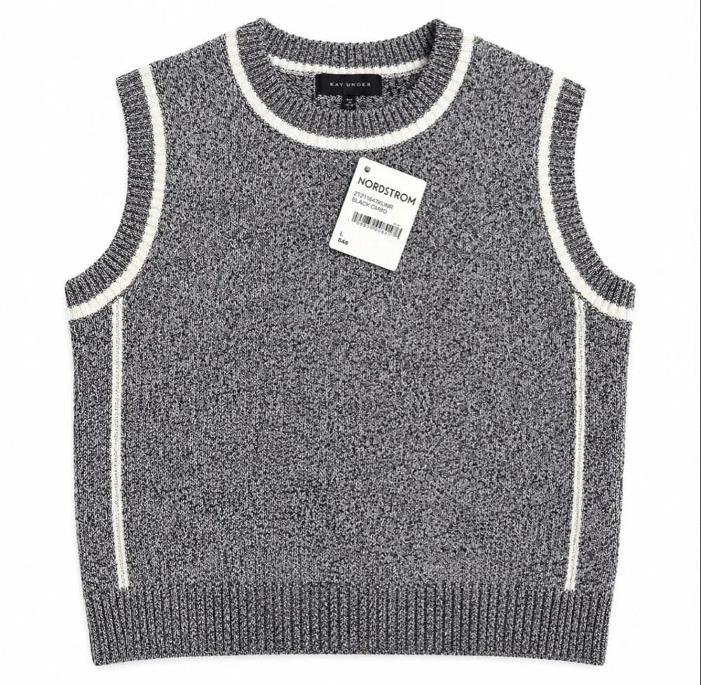 NWT Kay Unger Gray Marled Sleeveless Sweater Vest White Trim Size Large